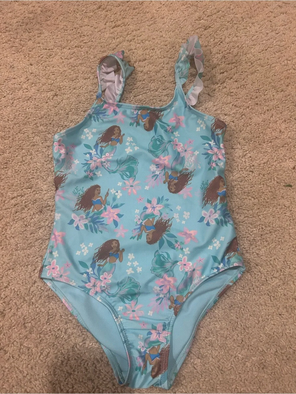 Girls' Light Blue Mermaid Floral One-Piece Swimsuit